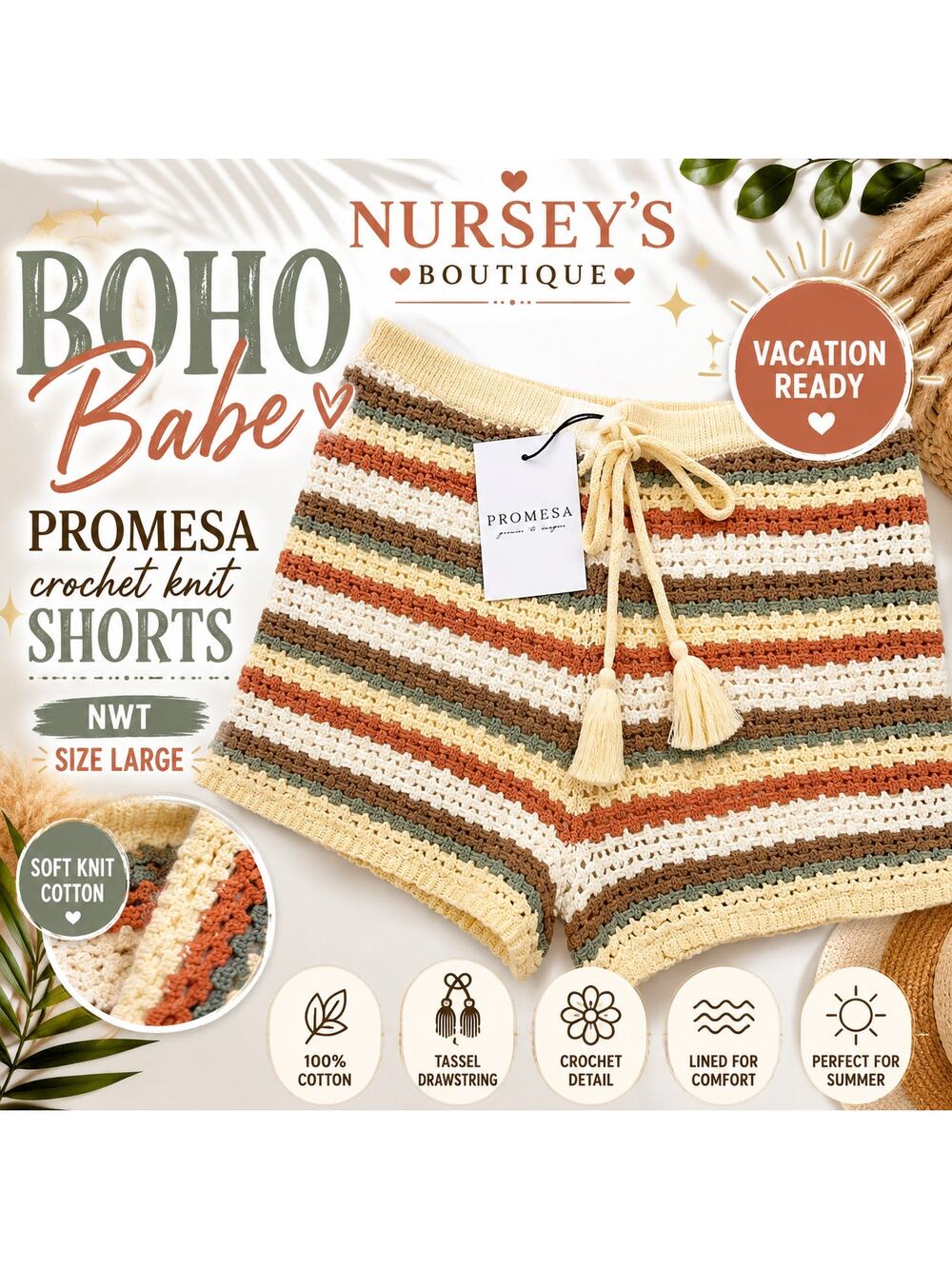 Promesa Crochet Knit Stripe Shorts Boho Festival Cottagecore NWT Large